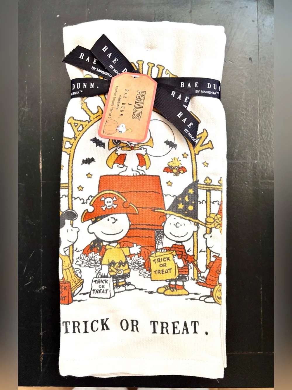 Peanuts x Rae Dunn TRICK OR TREAT Holiday Kitchen Towels Set Of 2 NEW